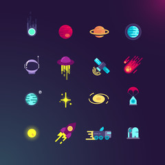 Sticker - space and vector flat icons set. space rocket and planet, spaceship and satellite in universe, space