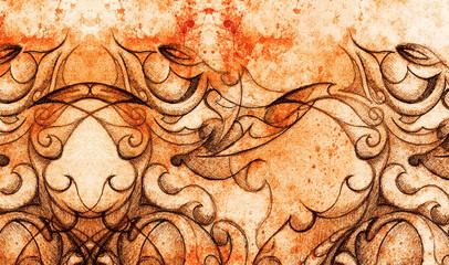 Poster - Ornamental Drawing. Original hand draw and computer collage. Color structure.