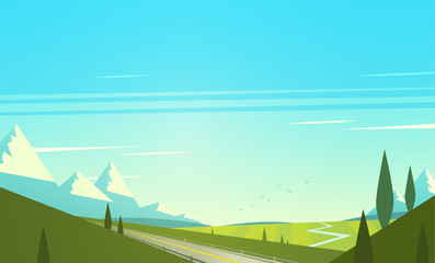 Fototapete - Natural landscape with mountains. Vector illustration.