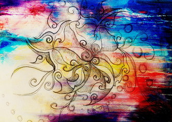 Poster - ornamental filigran drawing on paper with spirals, flower petals and flame structure pattern, Color effect and Computer collage.