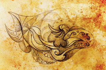 Aufkleber - Ornamental Drawing. Original hand draw and computer collage. Color structure.
