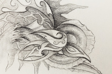 Poster - Ornamental Drawing. Original hand draw and computer collage. Color structure.
