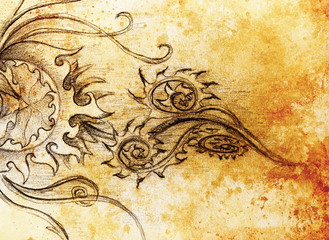 Aufkleber - ornamental filigran drawing on paper with spirals, flower petals and flame structure pattern, Color effect and Computer collage.