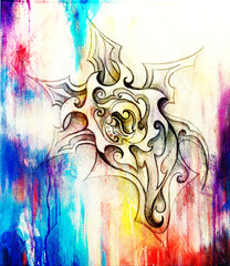 Poster - Ornamental Drawing. Original hand draw and computer collage. Color structure.