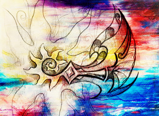 Poster - Ornamental Drawing. Original hand draw and computer collage. Color structure.