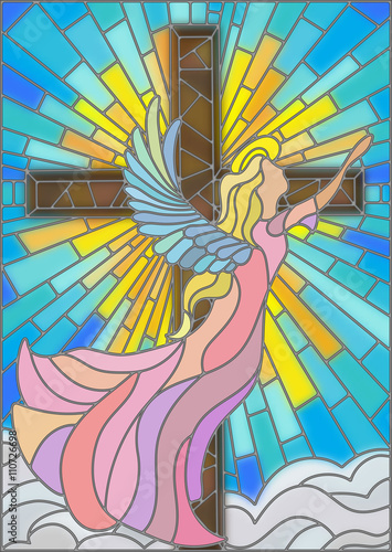 Naklejka na szybę Illustration in stained glass style with an angel on the background of the cross ,sky and clouds