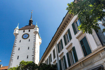 Exterior views of the tower Stadtturm in Baden, Switzerland