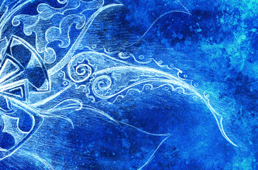 Poster - ornamental filigran floral drawing with frozen winter time feelingt, spiral and abstract linear structure pattern Color effect and Computer collage.