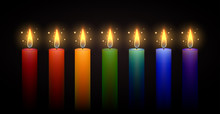 Set Of Rainbow Candles. Vector Element. Burning Candle.