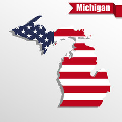 Poster - Michigan State map with US flag inside and ribbon