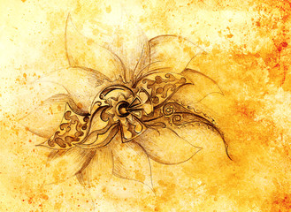 Fototapete - Color drawing of ornamental flower structure. Original hand drawn and computer collage. Color structure.
