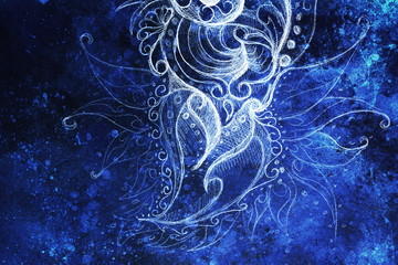 Aufkleber - ornamental filigran floral drawing with frozen winter time feelingt, spiral and abstract linear structure pattern Color effect and Computer collage.