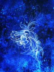 Poster - ornamental filigran floral drawing with frozen winter time feelingt, spiral and abstract linear structure pattern Color effect and Computer collage.