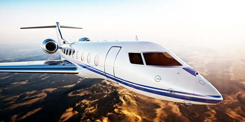 Wall Mural - Realistic Photo of White Luxury Generic Design Private Jet Flying in Blue Sky at Sunset.Uninhabited Desert Mountains Background.Business Travel Picture.Horizontal,Film Effect. 3D rendering.