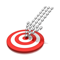 Aufkleber - Large crowd of hand cursors forming a arrow hitting the center of target or dart board concept isolated over white background with reflection. 3D rendering.
