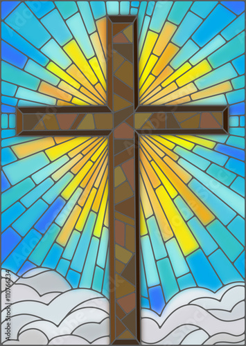 Fototapeta na wymiar
Illustration in stained glass style to cross on a background of sky and clouds
