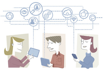 Three people connected network. Retro style illustration of two women and a man networked via their mobile phones and tablets.