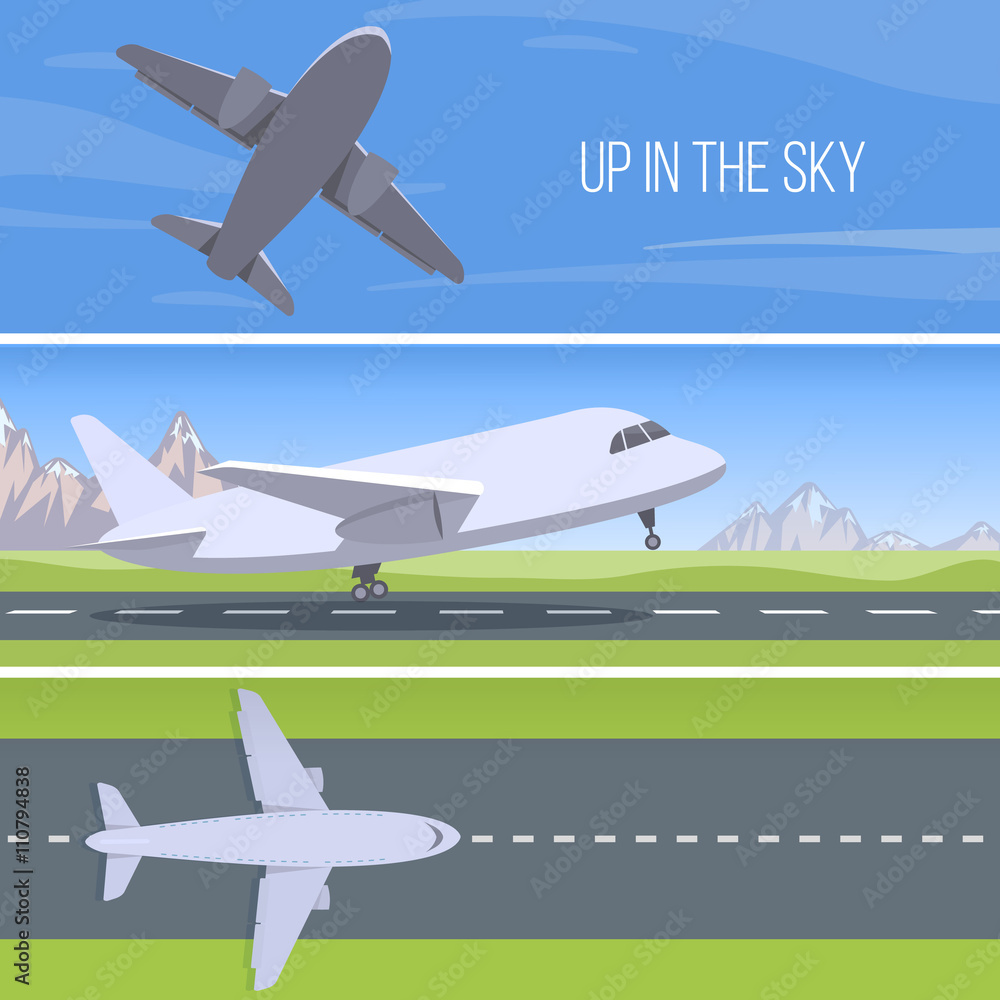 Set of planes. Up in the sky. Runway with jet aircraft top view ...