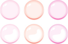 Illustration Of Icon Bottons Isolated On White. Set Of White, Light Pink, Orange, Purple Color Labels, 6 Bottons. Multi-colored Glass Balls. Vector
