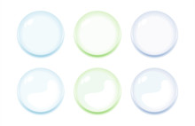 Illustration Of Icon Bottons Isolated On White. Set Of  White, Light Green, Blue, Violet Color Labels, 6 Bottons. Multi-colored Glass Balls. Vector