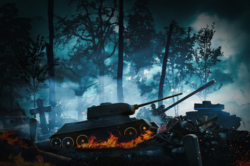 Wall Mural - Tank battle in the cemetery
