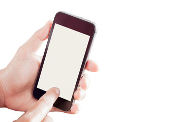 Smart phone in a woman hand on white background