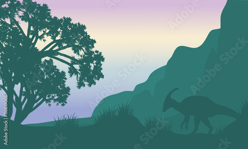 Fotomural Landscape parasaurolophus in fields silhouette