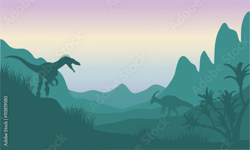 Fotografía Silhouette of eoraptor and parasaurolophus