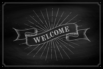 Wall Mural - set of old vintage ribbon banners with word welcome in engraving style on a black chalkboard backgro