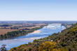 The Tagus River (Rio Tejo), the largest of the Iberian Peninsula, and the Leziria landscape seen from Portas do Sol belvedere. Santarem, Portugal.