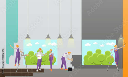 Home Interior And Room Repair Vector Banner Workers Make