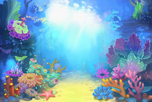 Creative Illustration And Innovative Art: Mysterious And Peaceful Undersea World. Realistic Fantastic Cartoon Style Character, Story, Card Design