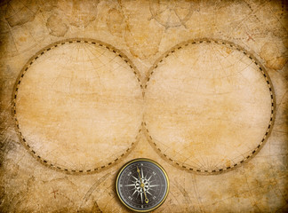 Wall Mural - old map with two hemispheres and compass 3d illustration