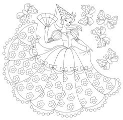 Wall Mural - Black and white illustration of princess for coloring. Developing children skills for drawing. Vector image.