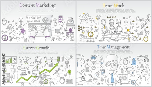 Doodle Line Design Of Web Banner Templates With Outline Icons Of