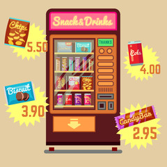 Retro vector vending machine with snacks and drinks flat icons. Food vending machine automatoc. Snack and drink vending machine illustration