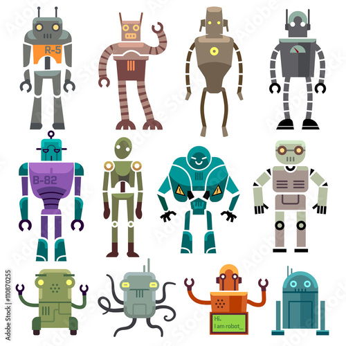Naklejka na meble Cute vintage vector robot icons and characters. Toy set robot and technology machine artificial robot illustration