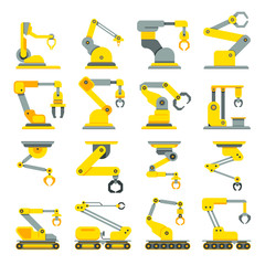 Poster - Robotic arm, hand, industrial robot flat vector icons set. Robot industry technology and machine arm robot for manufacture illustration