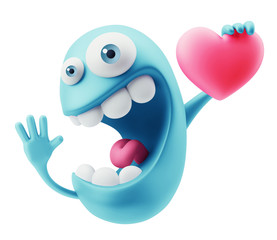 Wall Mural - Love Emoticon Face Holding Heart. 3d Rendering.