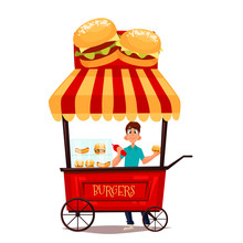 Street Selling Burgers, Cartoon Comic Illustration, Mobile Retro Shop With Burgers, Selling Fast Food On The Street, Comic Boy Street Vendor Hamburger