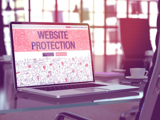 Wall Mural - modern workplace with laptop showing landing page in doodle design style with text website protectio
