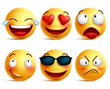 Smiley Face Icons Or Yellow Emoticons With Emotional Funny Faces In Glossy 3D Realistic Isolated In White Background. Vector Illustration
