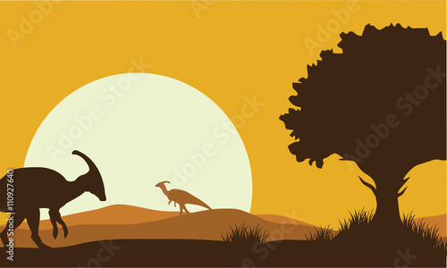 Fotomural Silhouette of parasaurolophus with sun