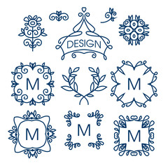 Wall Mural - Big Vector set of line floral design elements for logos, frames and borders