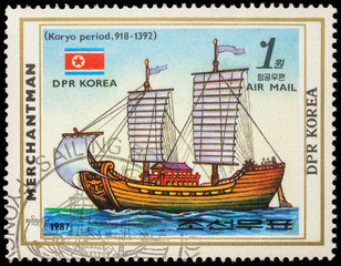 Canvas Print - Korean sail ship of Koryo period (918-1392) on postage stamp