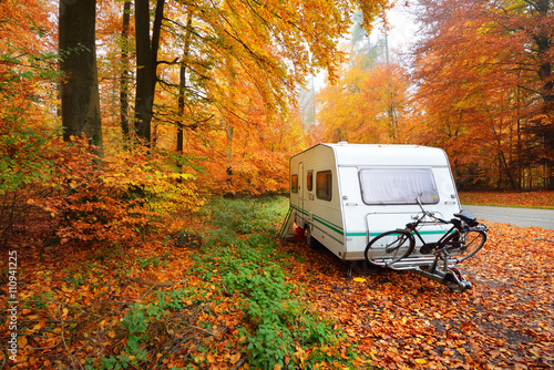 Fotografía Caravan trailer with bicycle parked in a beautiful beech tree fo