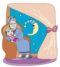 Grandmother Hugs Her Granddaughter - Hand Drawn Illustration