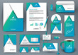 Professional universal blue branding design kit with  origami element. Corporate identity template, business stationery mock-up for real estate company. Editable vector illustration: folder, mug, etc.