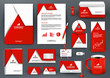 Professional universal red branding design kit with  origami element. Corporate  identity template, business stationery mock-up for real estate company. Editable vector illustration: folder, mug, etc.