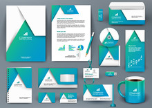 Professional Universal Blue Branding Design Kit With  Origami Element. Corporate Identity Template, Business Stationery Mock-up For Real Estate Company. Editable Vector Illustration: Folder, Mug, Etc.